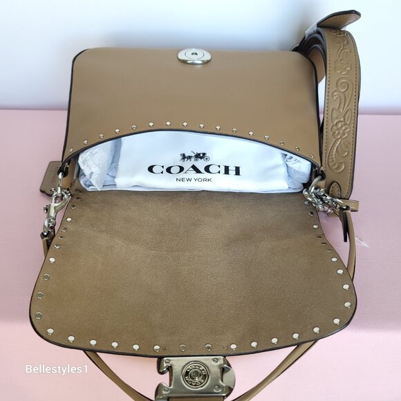 COACH Tabby Soft Suede & Leather Shoulder Bag With Rivets And Tooling- Peanut⭐ - Picture 12 of 16